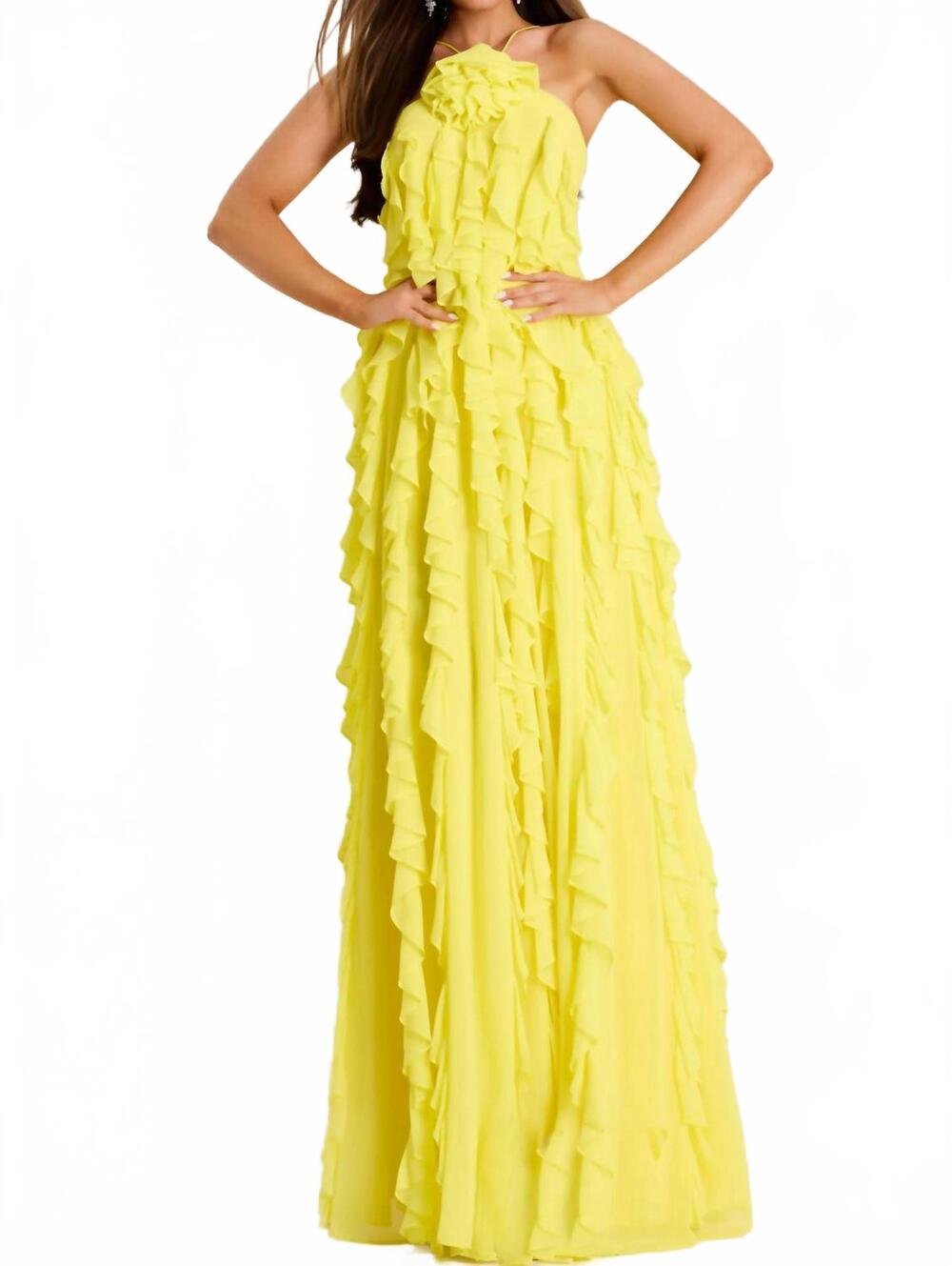 NEW JOVANI halter gown with cascading ruffle layers in yellow